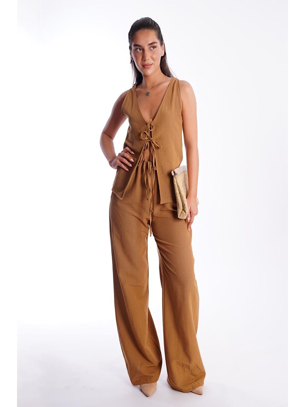 Kahverengi Camel Önü Bağlamalı Yelek Pantolon Kadın Takım Mg2403-3