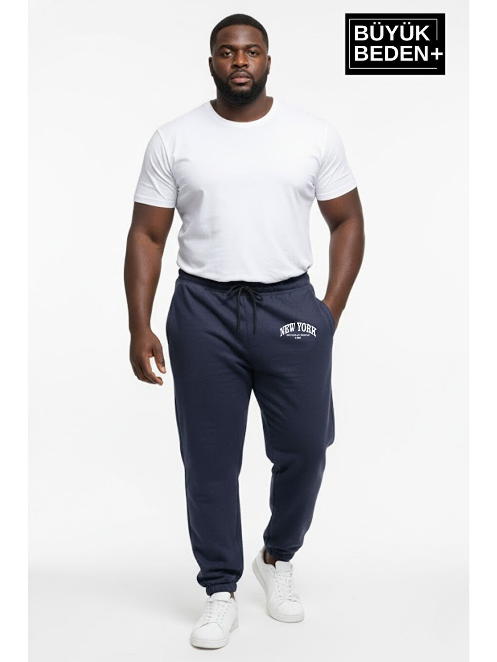 İndigo Erkek Büyük Beden New York Baskılı Paça Lastikli Rahat Kesim Jogger İnce Eşofman Altı SPR26BEA951-5