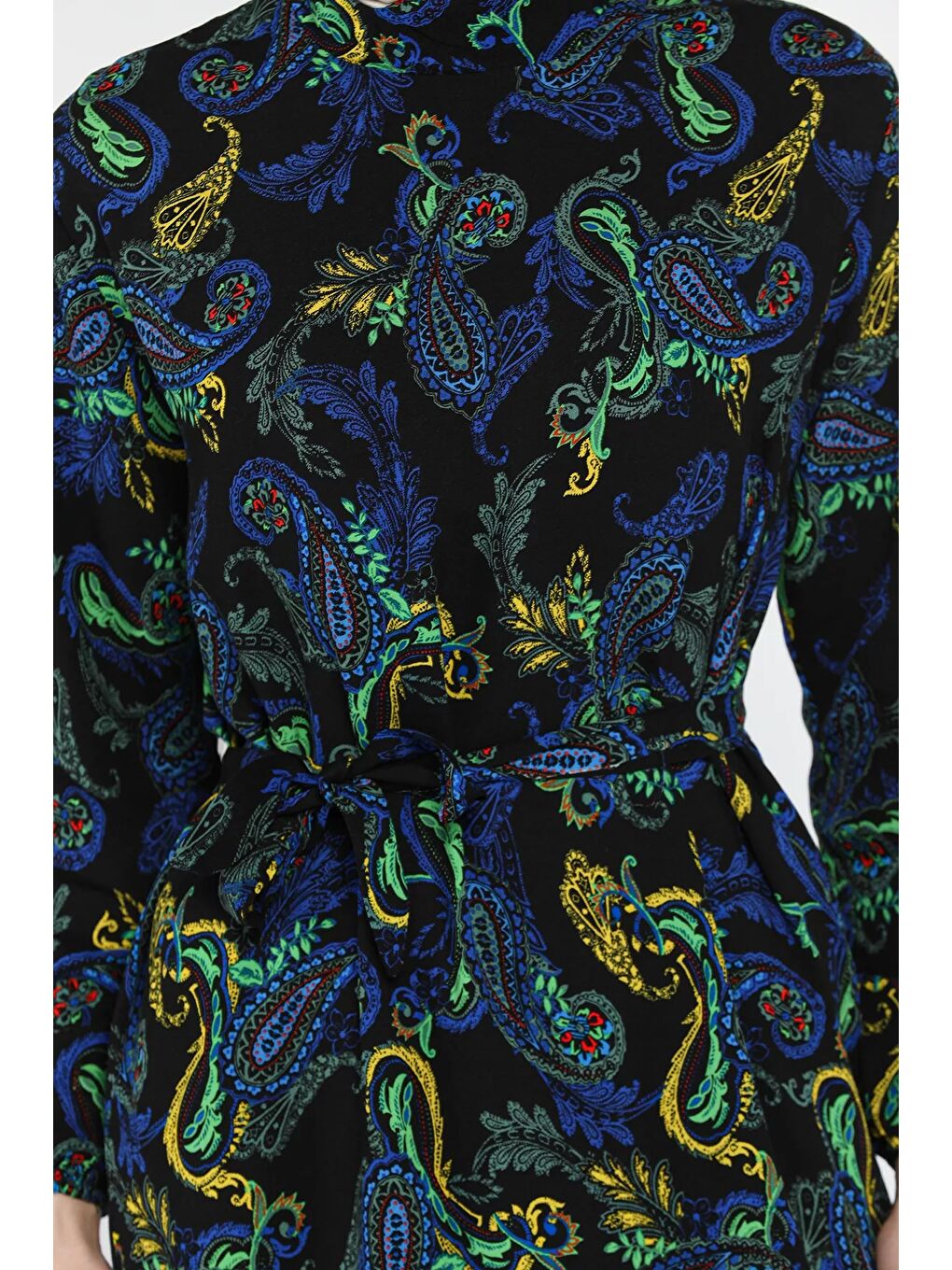 Siyah Etnik Desen Bel Kuşaklı Tesettür Viskon Elbise-6