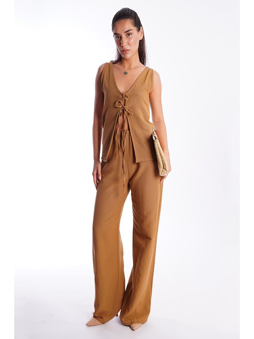 Kahverengi Camel Önü Bağlamalı Yelek Pantolon Kadın Takım Mg2403-4