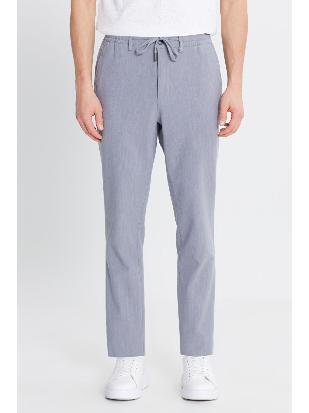 Erkek Gri Keten Slim Fit Beli Bağlamalı Yan Cepli Casual Pantolon