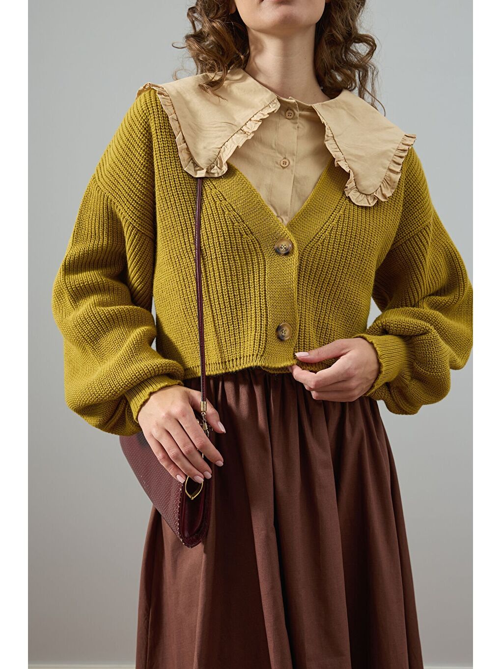 Yağ Yeşili Balon Kol Triko Hırka-2