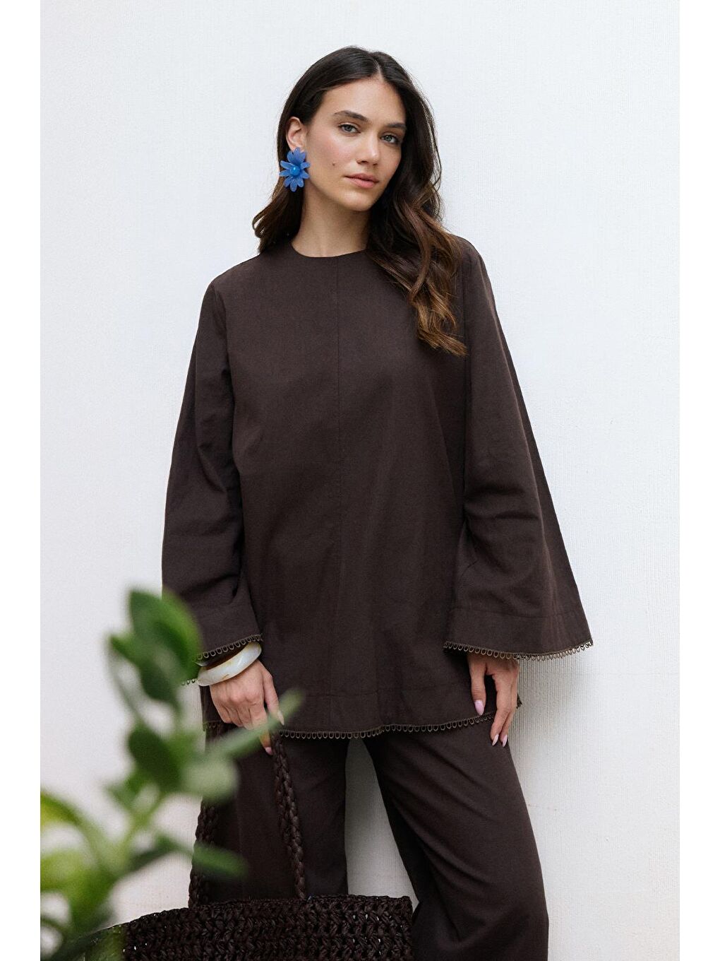 Kahverengi Faye Fistolu Keten Bluz Pantolon Takım Kahve