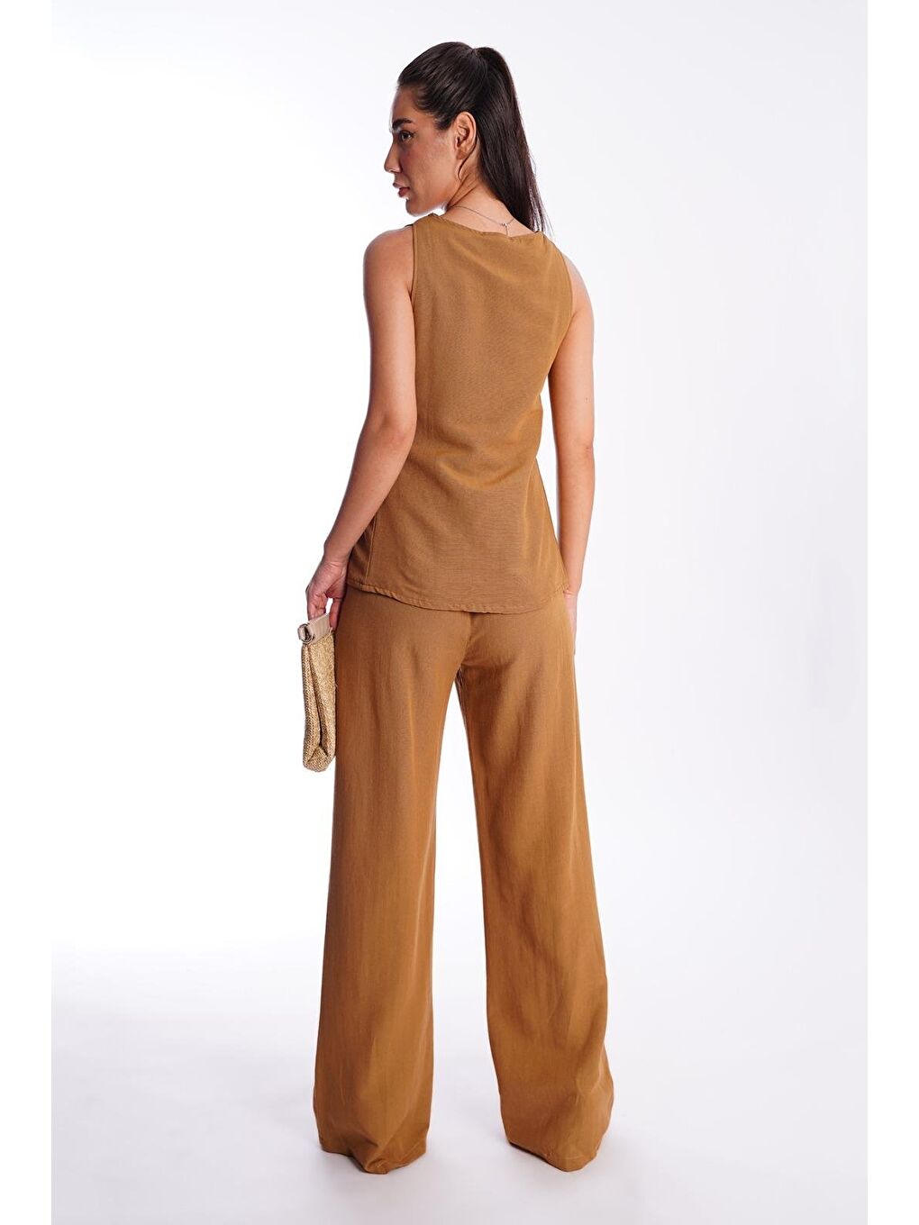 Kahverengi Camel Önü Bağlamalı Yelek Pantolon Kadın Takım Mg2403-5