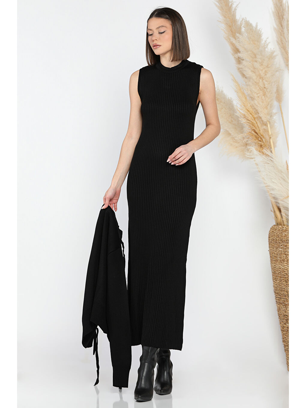 Siyah Kadın İnci Ve Taş İşlemeli Triko Elbise Hırka İkili Takım