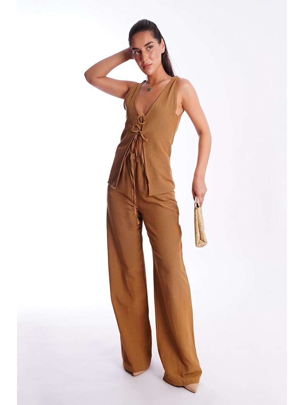 Kahverengi Camel Önü Bağlamalı Yelek Pantolon Kadın Takım Mg2403-6