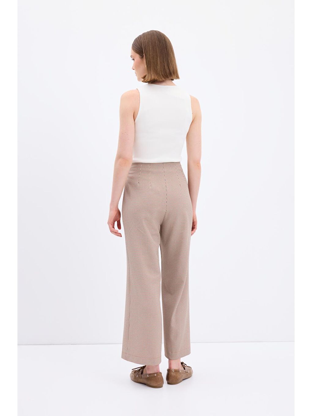 Yüksek Bel Fit Kesim Ekose Desenli Pantolon Kırmızı-4