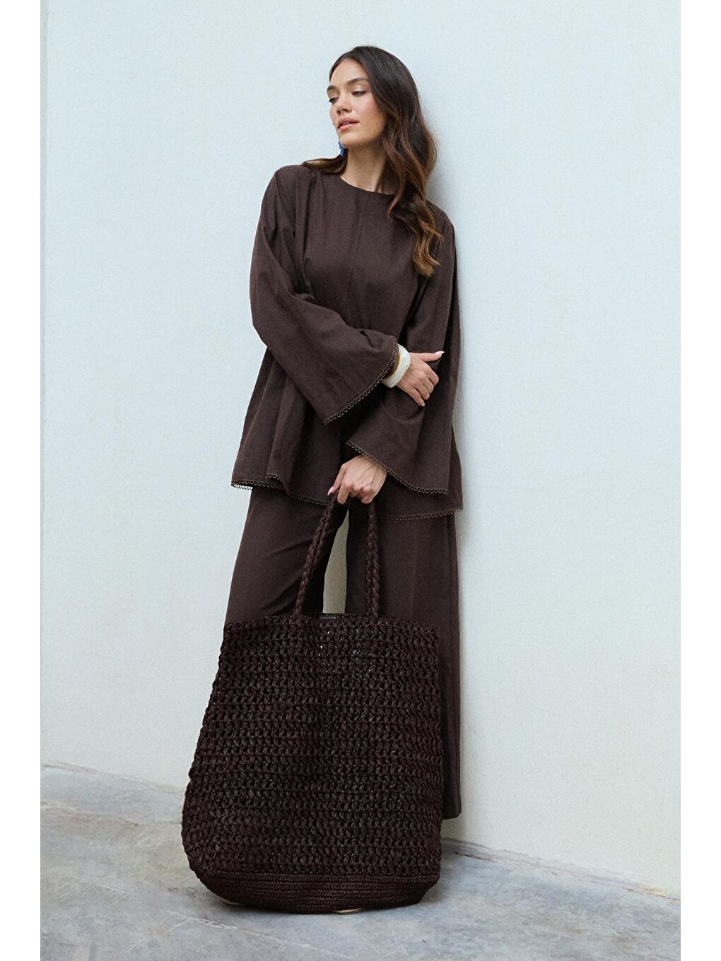 Kahverengi Faye Fistolu Keten Bluz Pantolon Takım Kahve-2