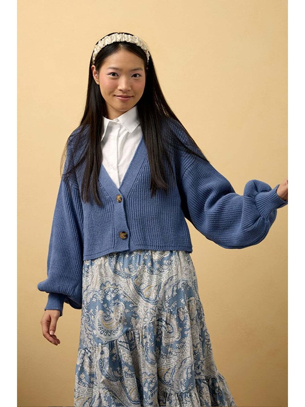 İndigo Balon Kol Triko Hırka-1