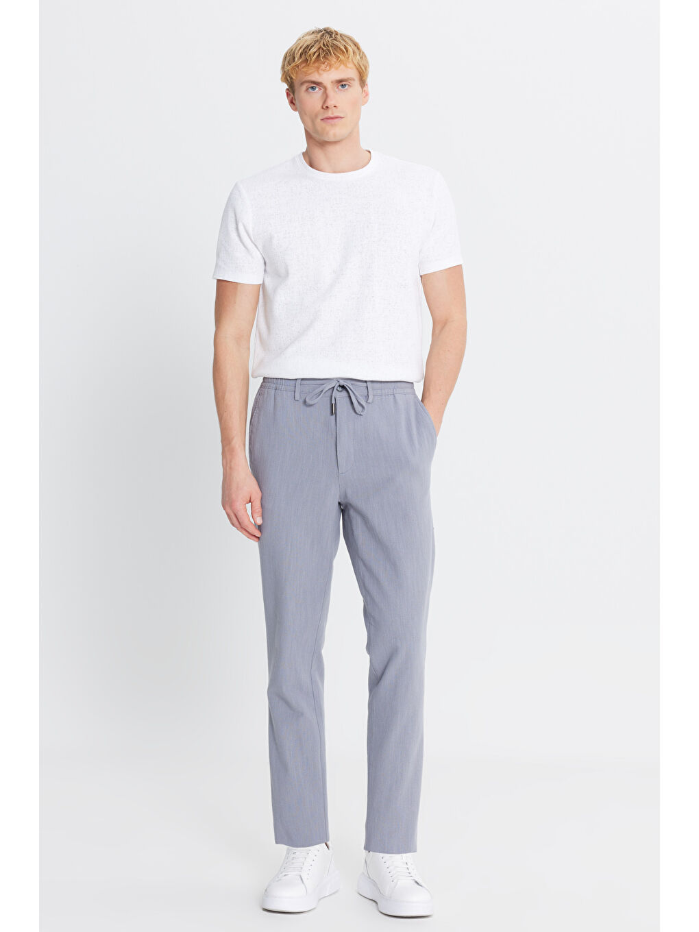 Erkek Gri Keten Slim Fit Beli Bağlamalı Yan Cepli Casual Pantolon-1