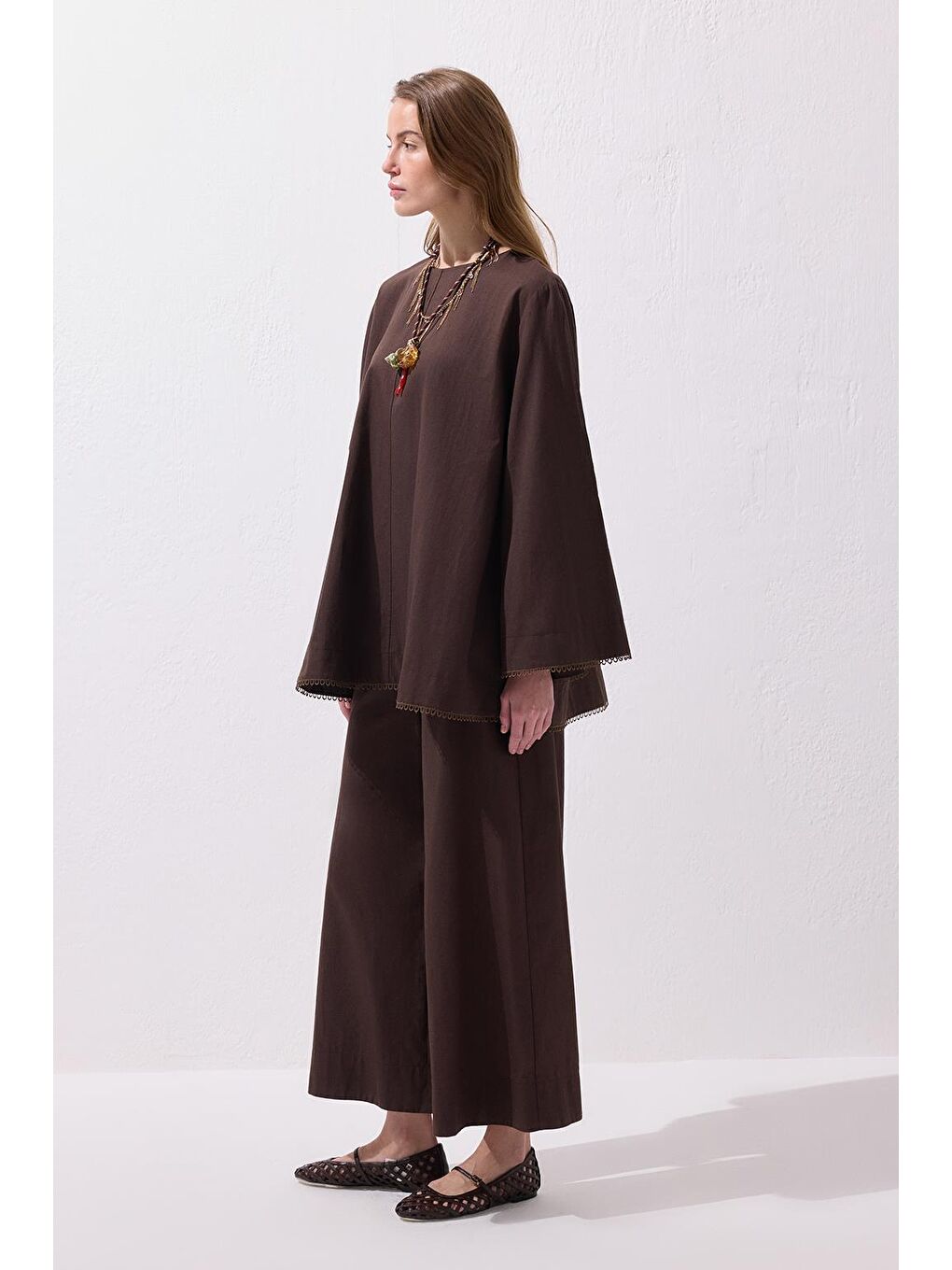 Kahverengi Faye Fistolu Keten Bluz Pantolon Takım Kahve-5