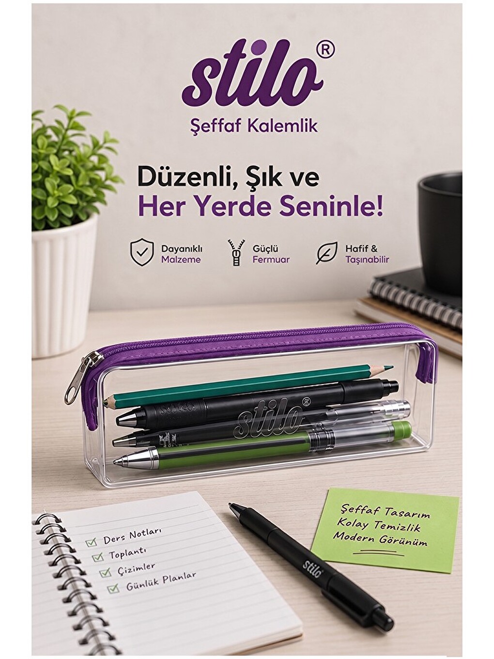 Şeffaf Kalemlik Lila Fermuarlı 1 Adet Stilo 1129 Tek Bölmeli Fermuarlı Plastik Çocuk Okul Kalem Maky