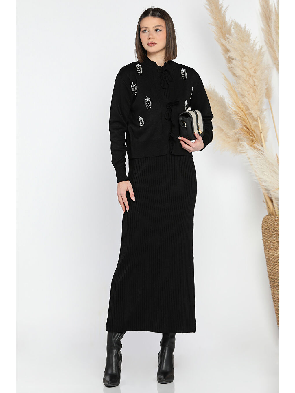 Siyah Kadın İnci Ve Taş İşlemeli Triko Elbise Hırka İkili Takım-2