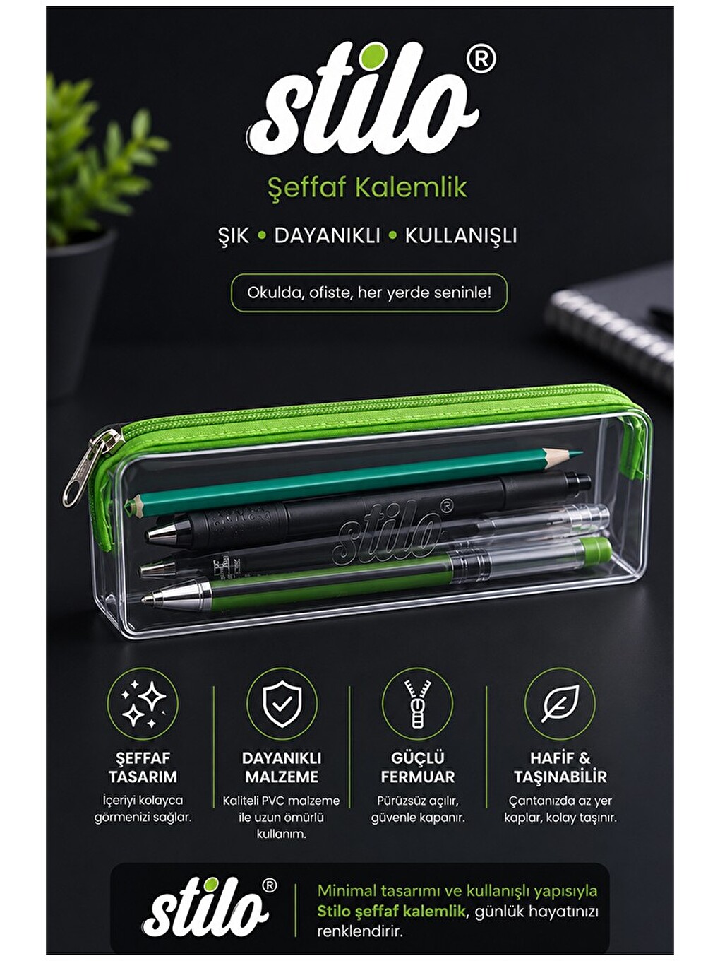 Şeffaf Kalemlik 1 Adet Stilo 1129 Tek Bölmeli Fermuarlı Plastik Çocuk Okul Kalem Makyaj Kutusu Neon