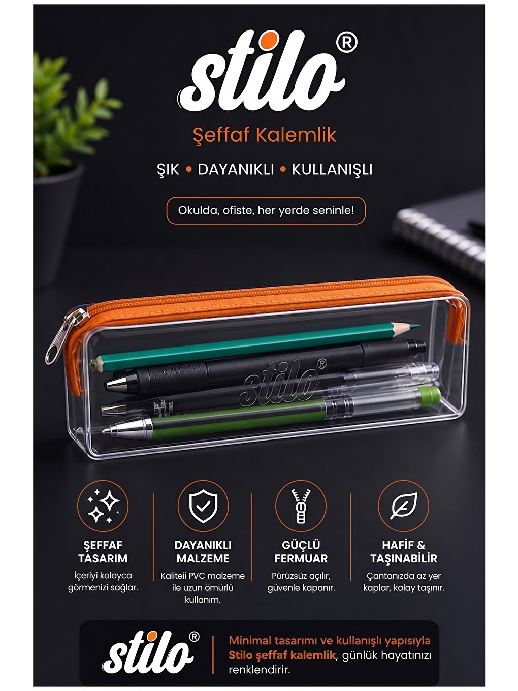 Şeffaf Kalemlik 1 Adet Stilo 1129 Tek Bölmeli Fermuarlı Plastik Çocuk Okul Kalem Makyaj Kutusu Neon