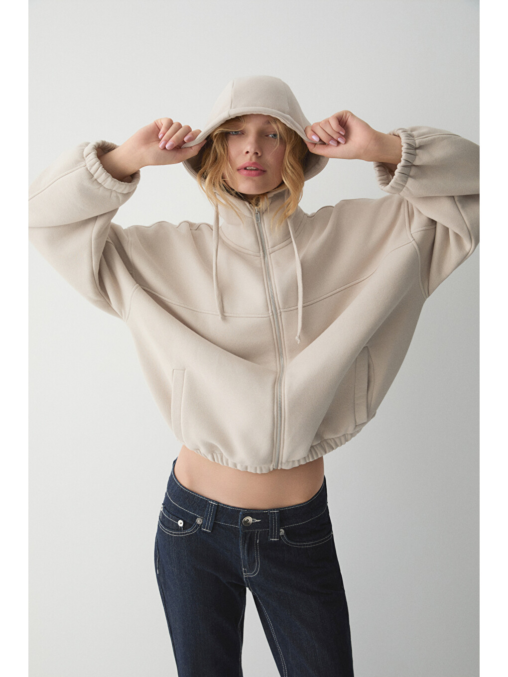Bej Valıt Kadın Çift Cepli Eteği Ve Kol Ucu Lastikli Fermuarlı Oversize Taş Sweatshirt-1