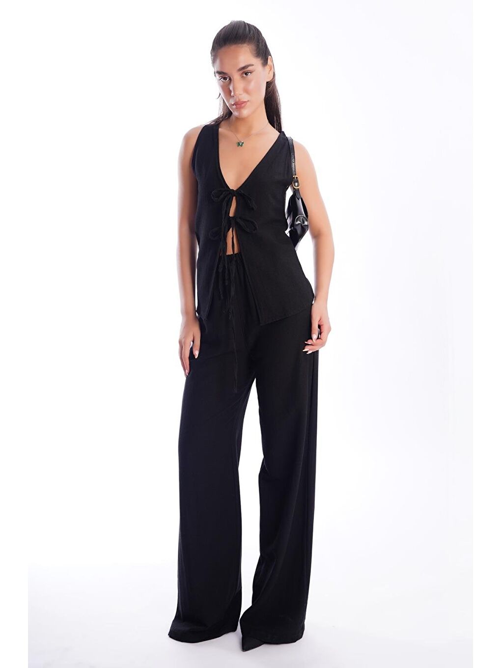 Siyah Önü Bağlamalı Yelek Pantolon Kadın Takım Mg2403-3