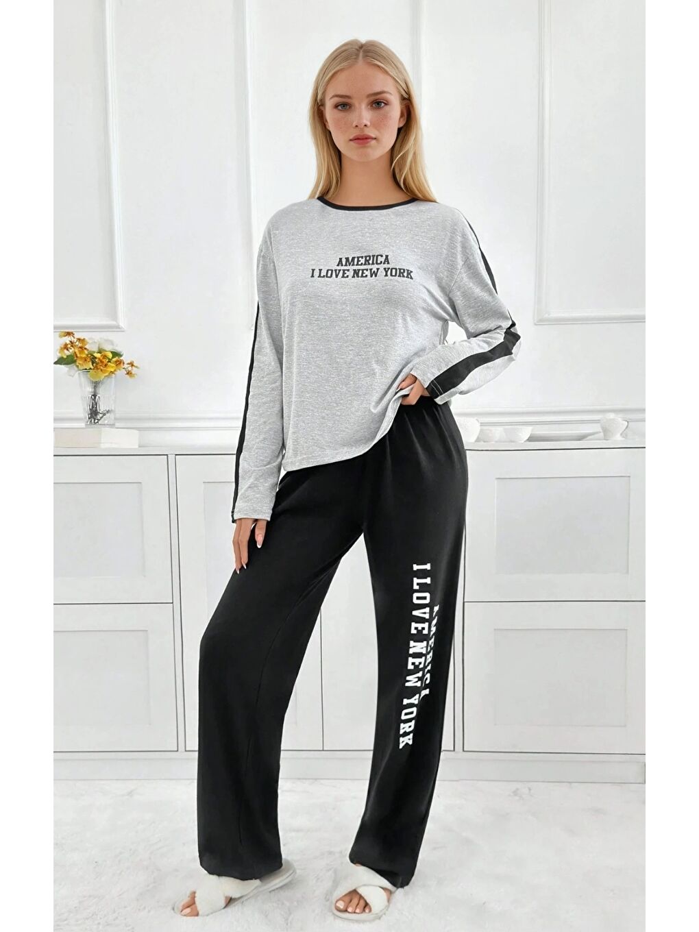 Gri New York Baskılı Şerit Detaylı Uzun Kollu Kadın Pijama Takımı