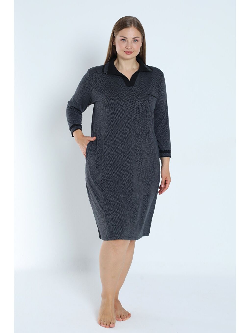 Antrasit Desenli Truvakar Kollu Cepli Polo Yaka Jakarlı Kadın Büyük Beden Elbise-2