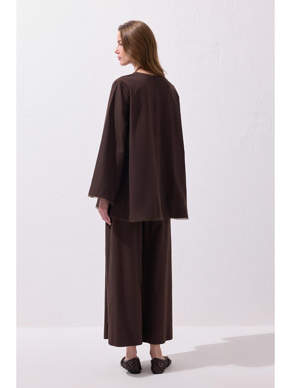 Kahverengi Faye Fistolu Keten Bluz Pantolon Takım Kahve-7