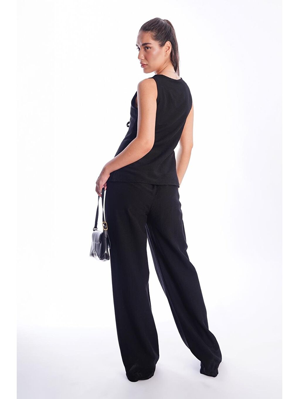 Siyah Önü Bağlamalı Yelek Pantolon Kadın Takım Mg2403-5