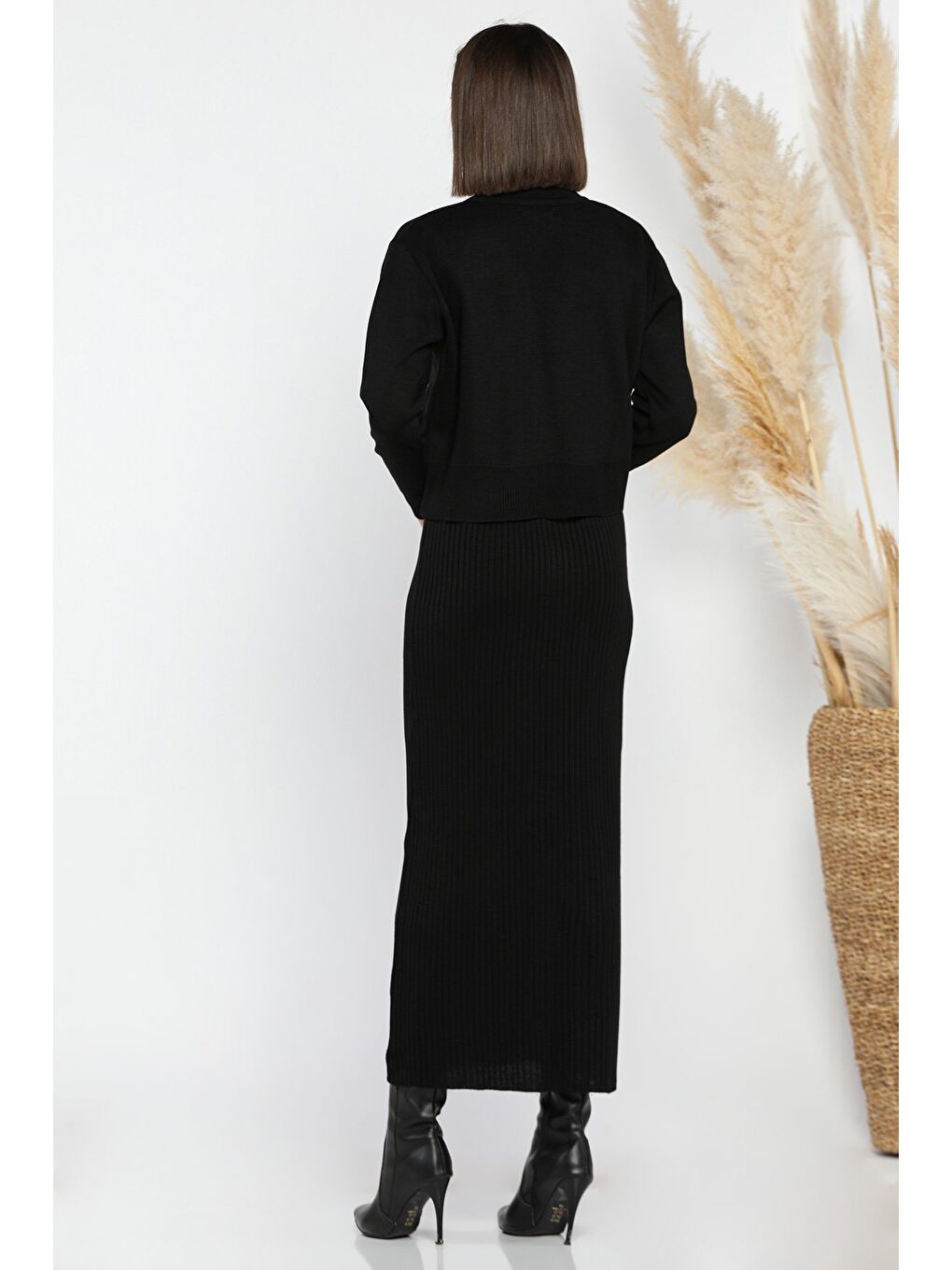 Siyah Kadın İnci Ve Taş İşlemeli Triko Elbise Hırka İkili Takım-3