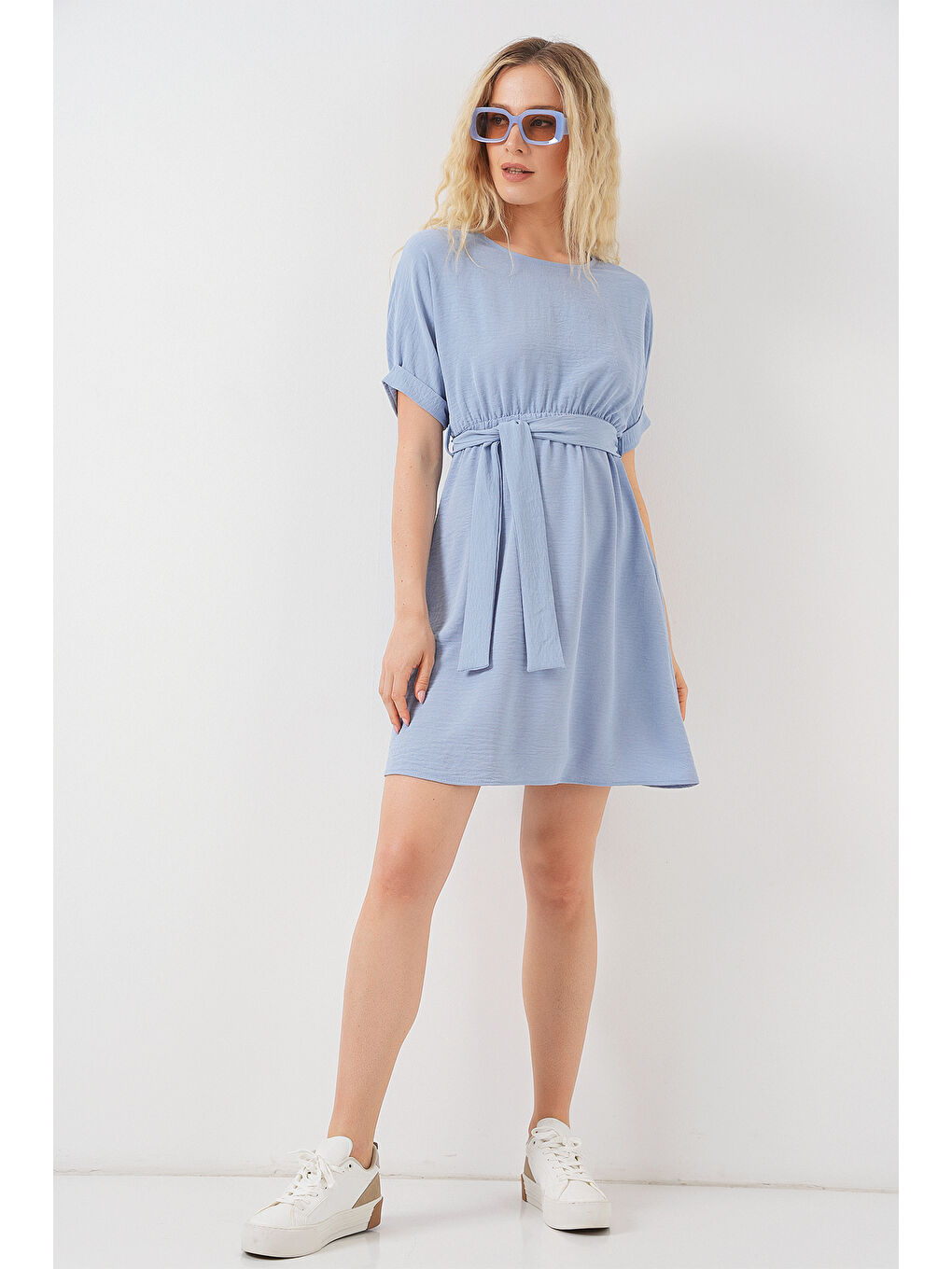 Kadın Kısa Kol Mini Ayrobin Elbise 2572 - Mavi-1