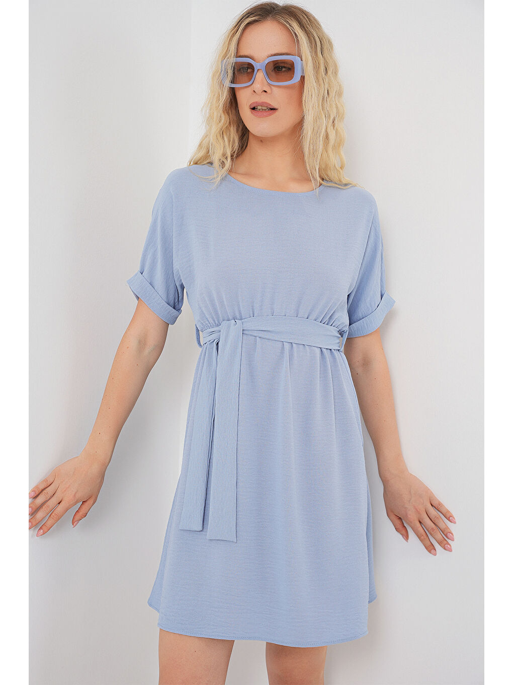Kadın Kısa Kol Mini Ayrobin Elbise 2572 - Mavi-2