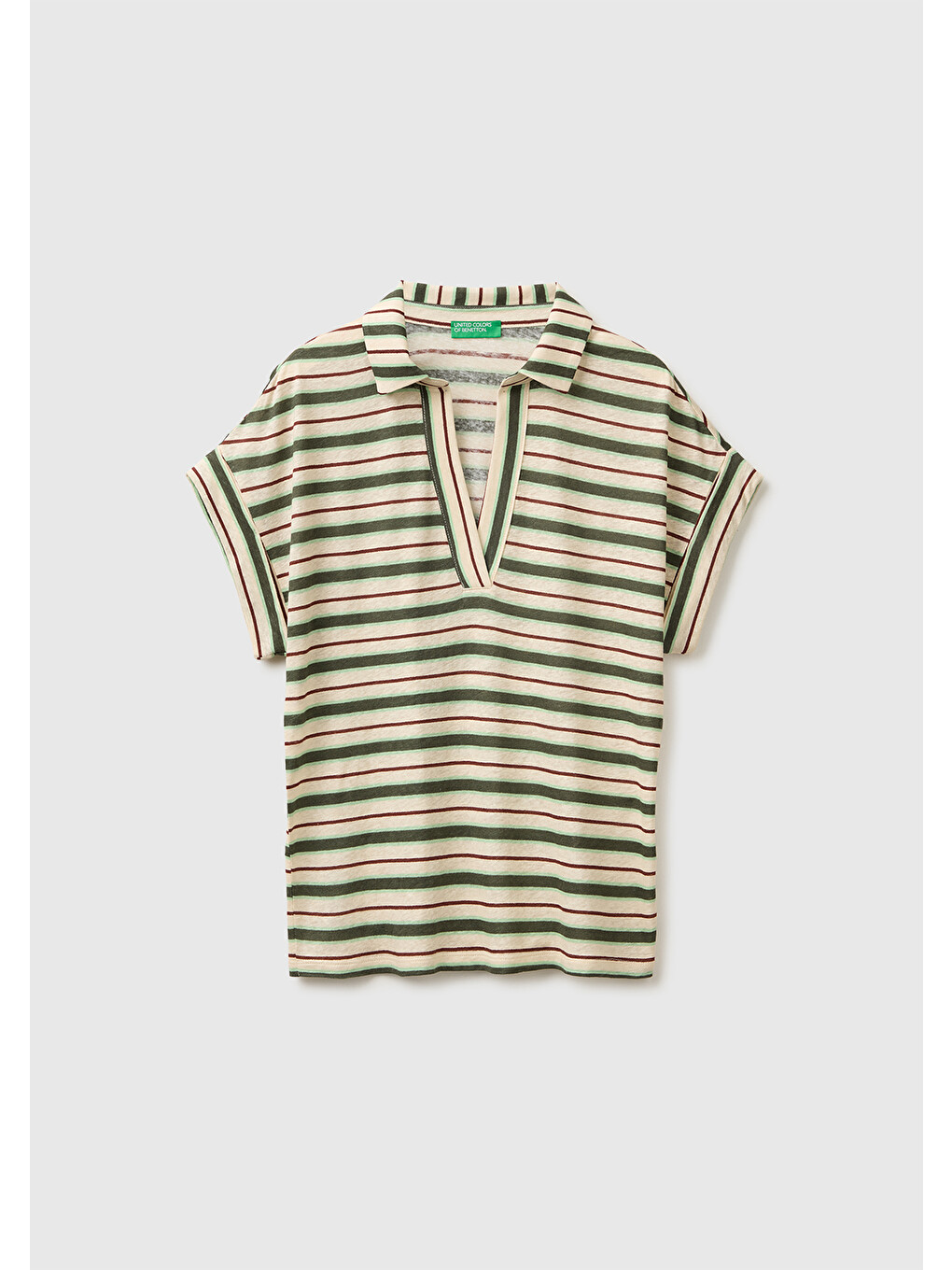 Kadın Yeşil Keten Viskoz Karışımlı Baskılı Polo Yaka T-Shirt