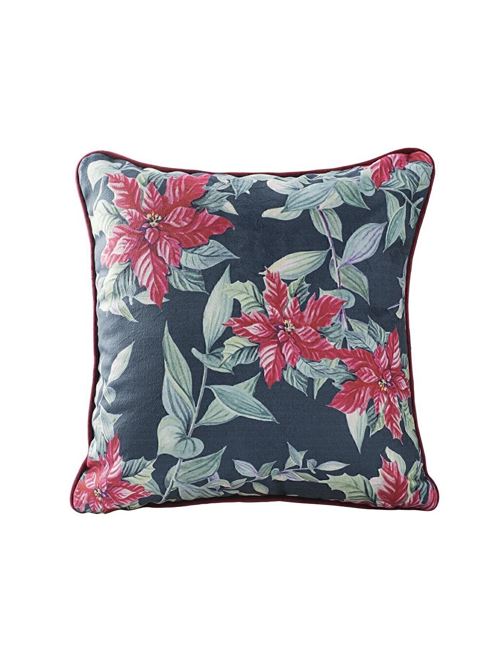 Yılbaşı Kırlent Kılıfı Büyük Yapraklı Kırmızı Çiçek Desenli Paskalya 43x43-1