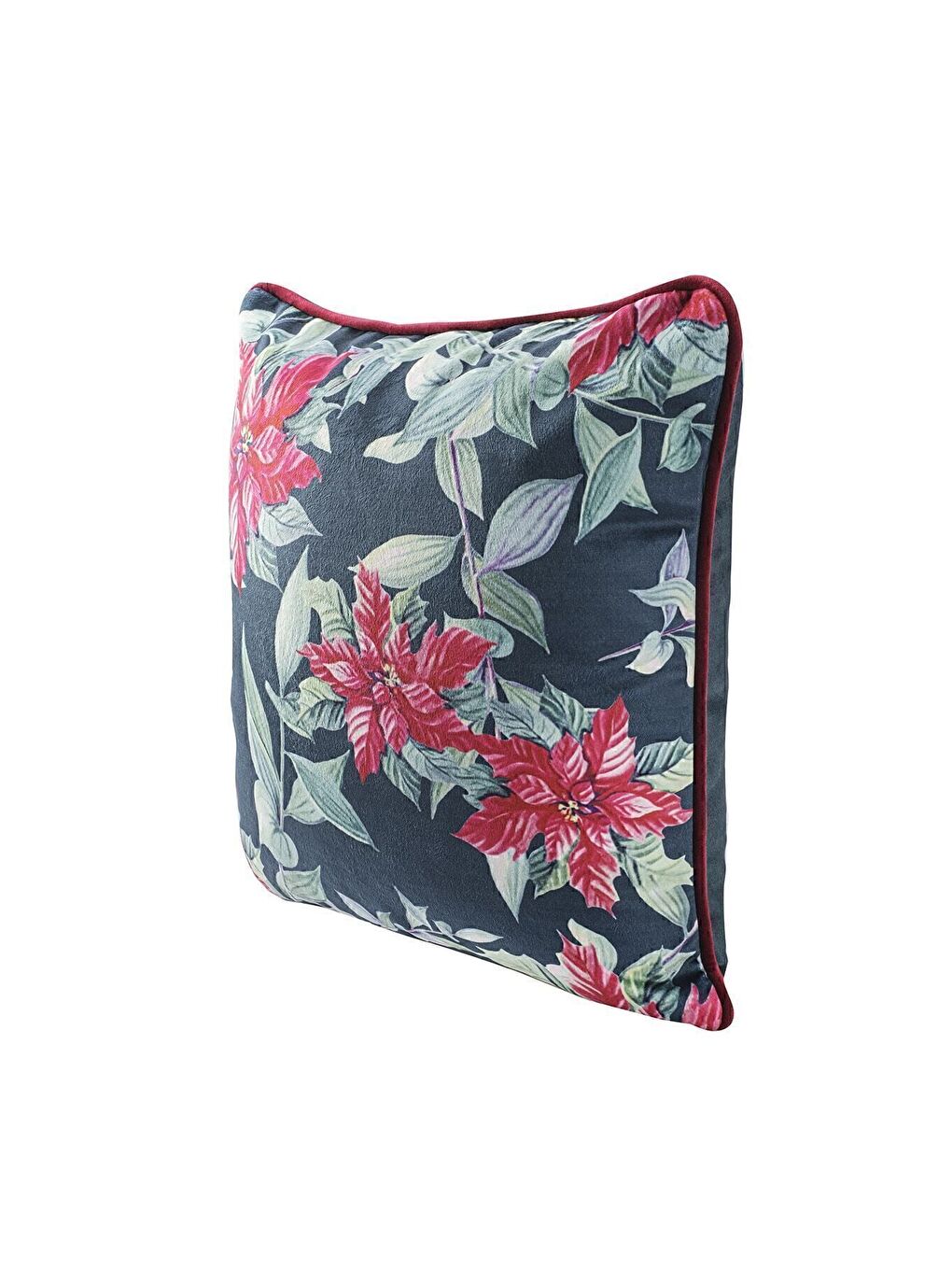 Yılbaşı Kırlent Kılıfı Büyük Yapraklı Kırmızı Çiçek Desenli Paskalya 43x43-2