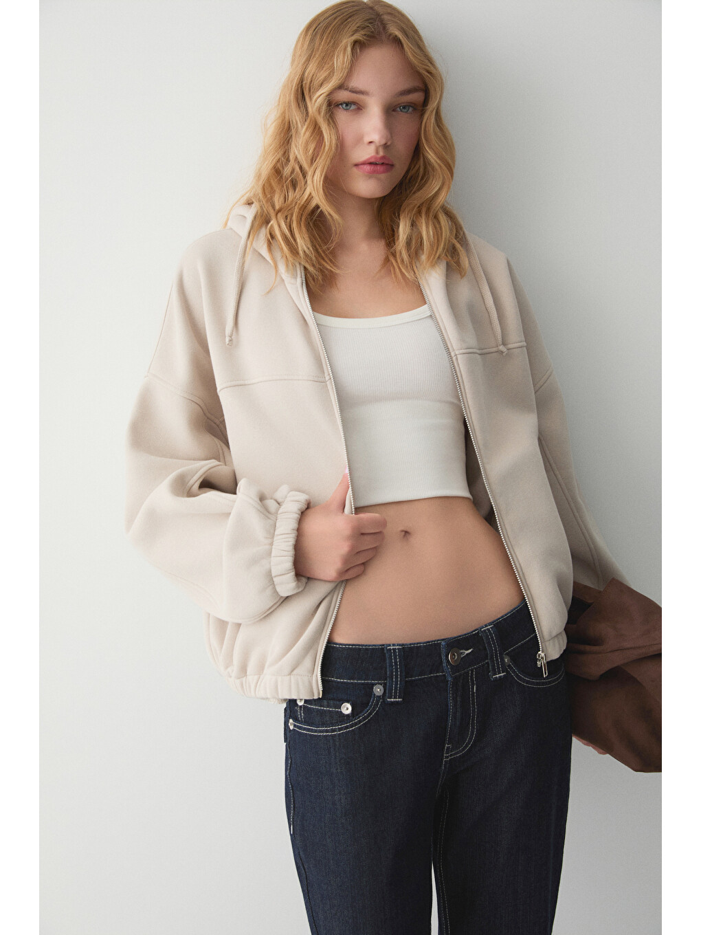 Bej Valıt Kadın Çift Cepli Eteği Ve Kol Ucu Lastikli Fermuarlı Oversize Taş Sweatshirt-2