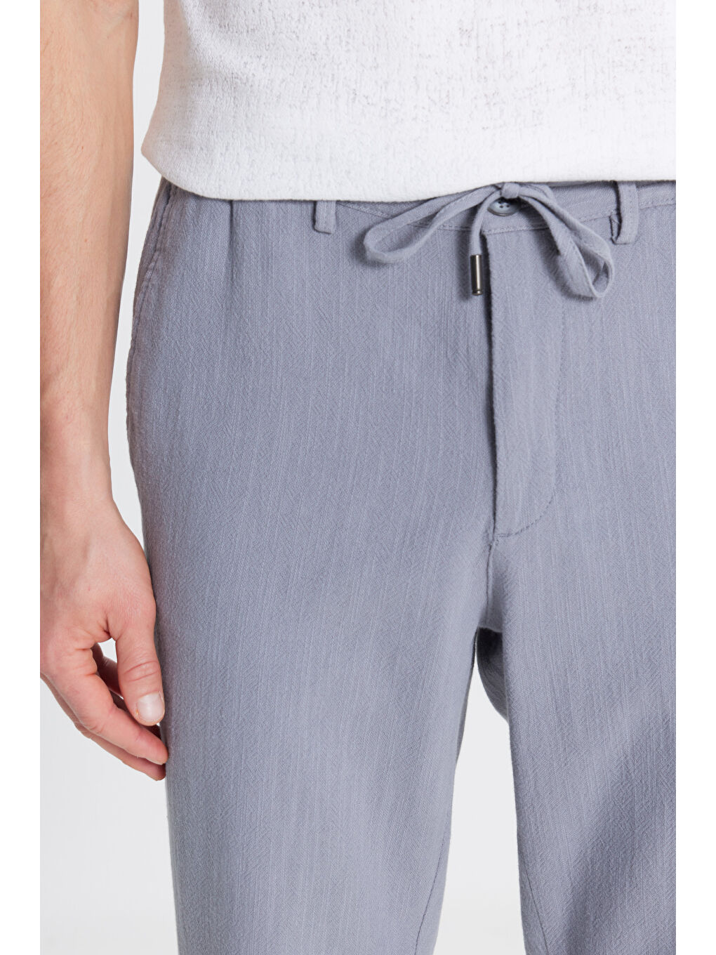 Erkek Gri Keten Slim Fit Beli Bağlamalı Yan Cepli Casual Pantolon-3