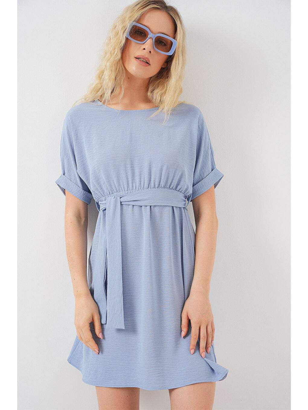 Kadın Kısa Kol Mini Ayrobin Elbise 2572 - Mavi-3