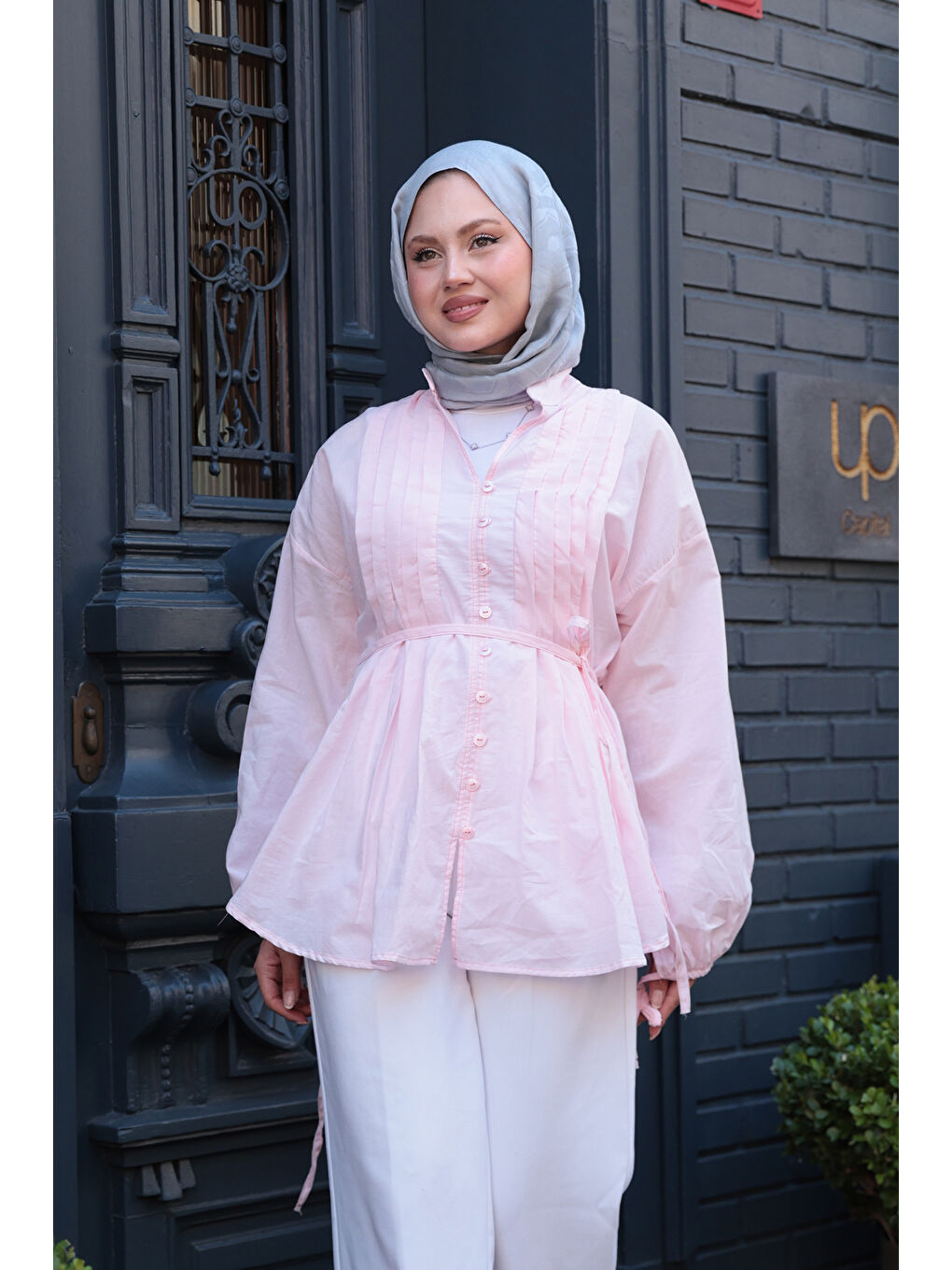 Kadın Önü Pile Detay Vual Gömlek Pembe-2