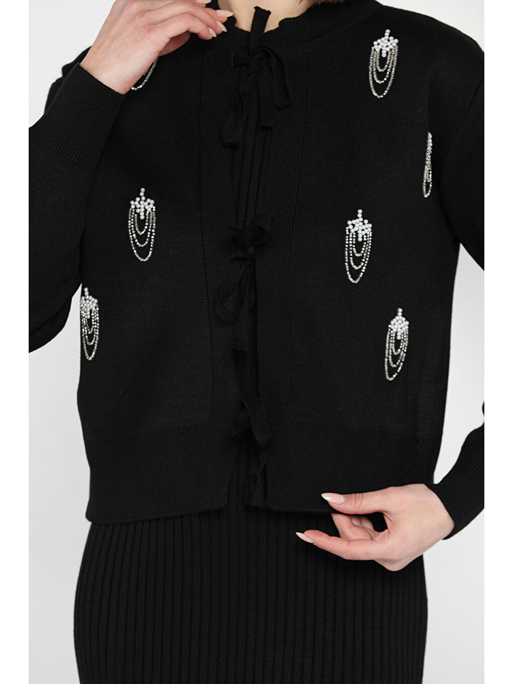 Siyah Kadın İnci Ve Taş İşlemeli Triko Elbise Hırka İkili Takım-4