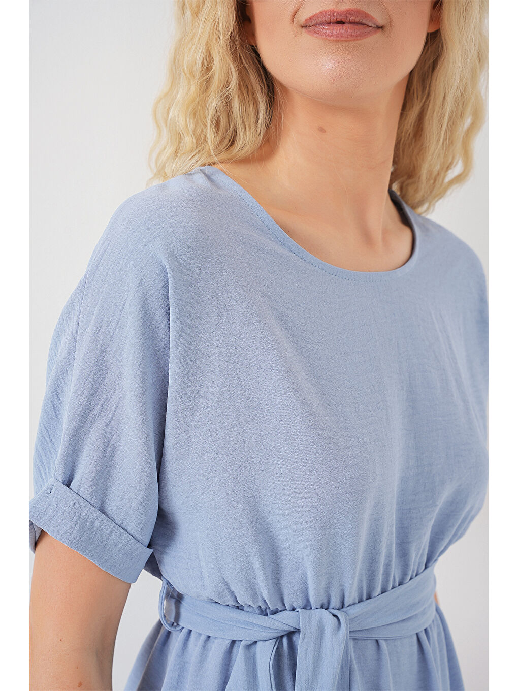 Kadın Kısa Kol Mini Ayrobin Elbise 2572 - Mavi-4