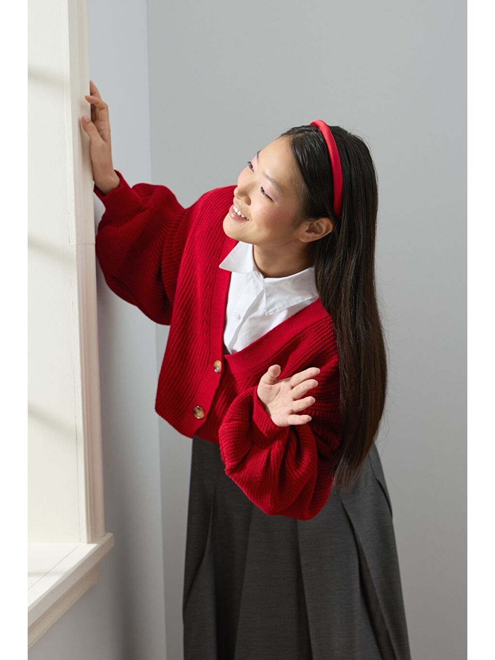 Kahverengi Kırmızı Balon Kol Triko Hırka