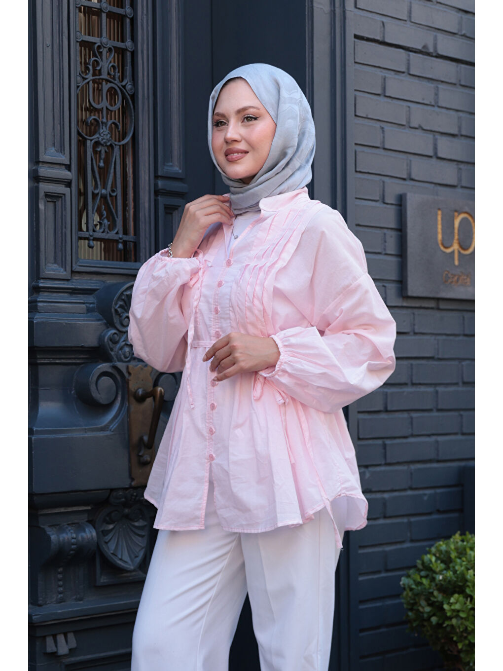 Kadın Önü Pile Detay Vual Gömlek Pembe-4