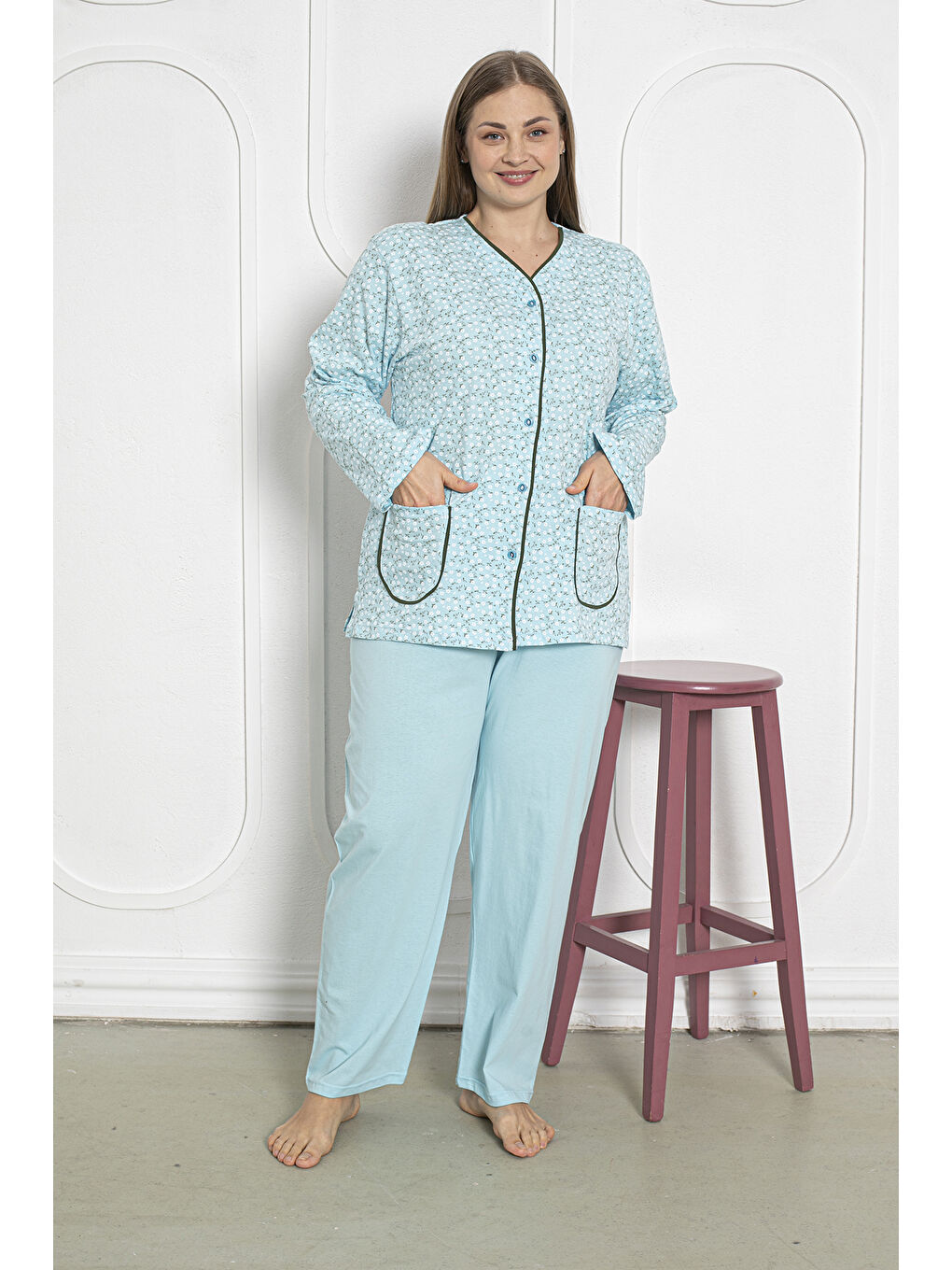 Yeşil %100 Pamuklu Uzun Kollu Boydan Düğmeli Büyük Beden Kadın Pijama Takımı 206