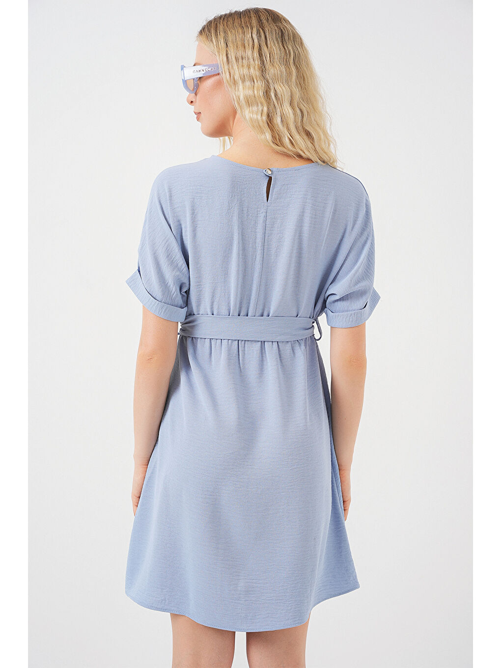 Kadın Kısa Kol Mini Ayrobin Elbise 2572 - Mavi-5
