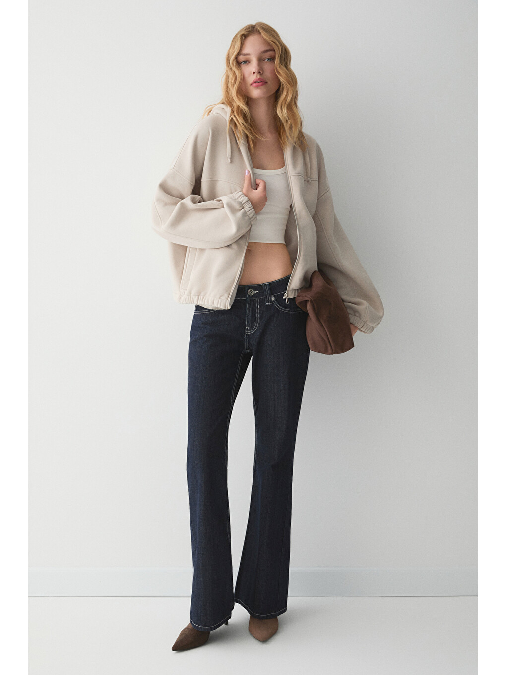 Bej Valıt Kadın Çift Cepli Eteği Ve Kol Ucu Lastikli Fermuarlı Oversize Taş Sweatshirt-3