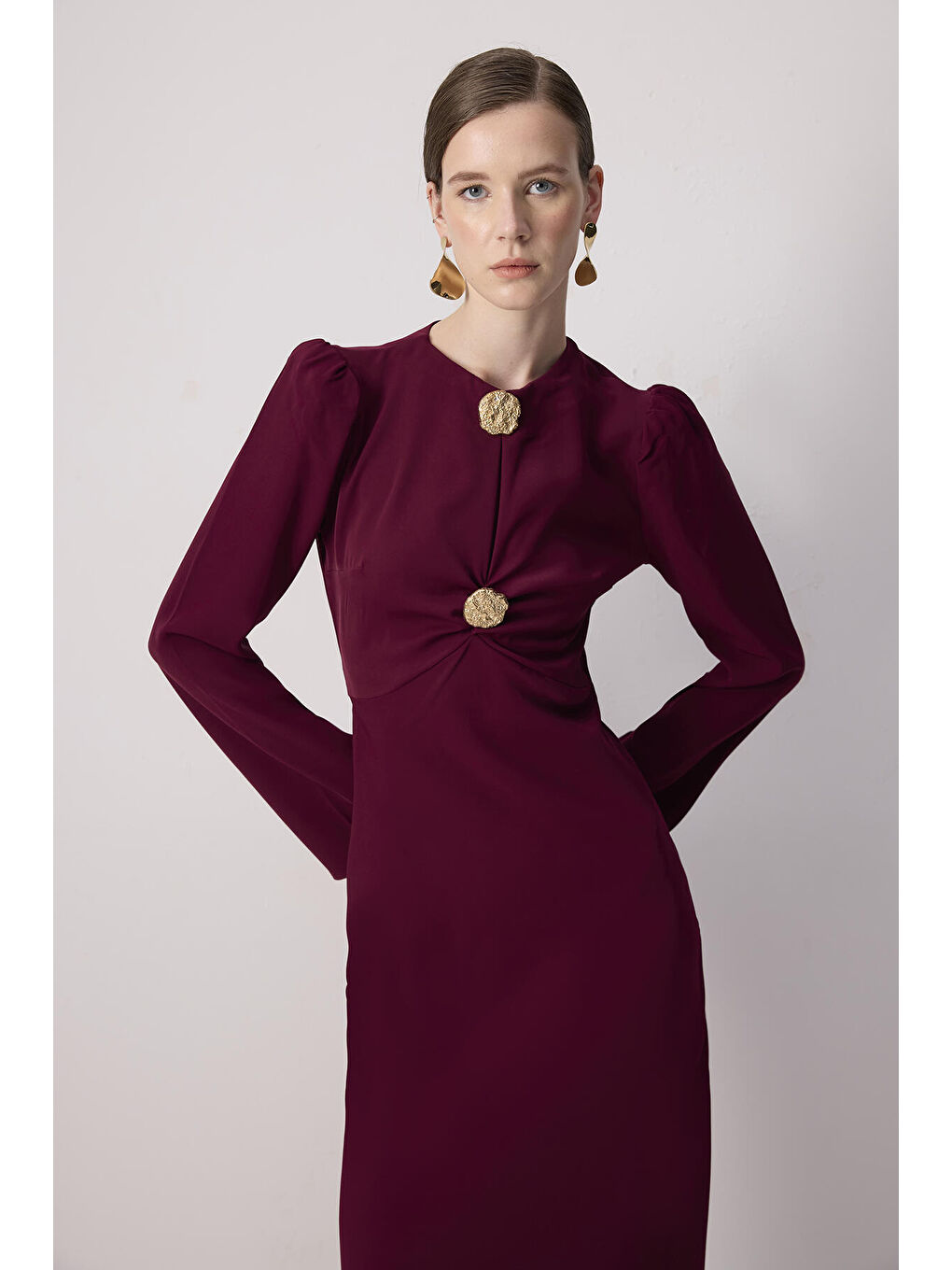 Bordo Düğme Detaylı Elbise-1