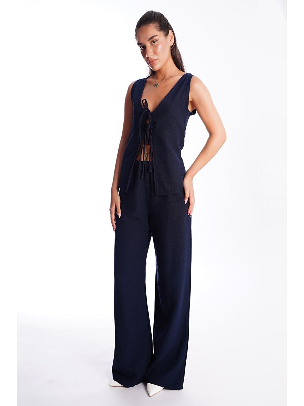 Lacivert Önü Bağlamalı Yelek Pantolon Kadın Takım Mg2403