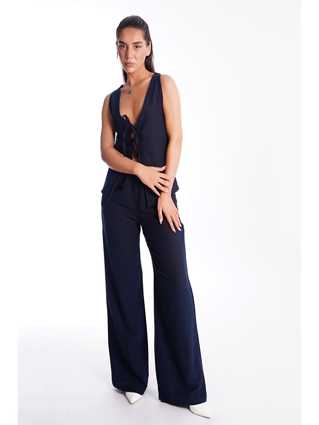 Lacivert Önü Bağlamalı Yelek Pantolon Kadın Takım Mg2403-3