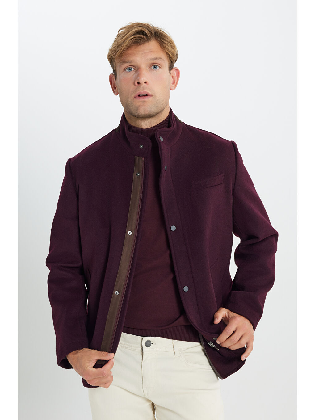 Erkek Bordo Yünlü Standart Fit Normal Kesim Dik Yaka Yan Cepli Mont-2