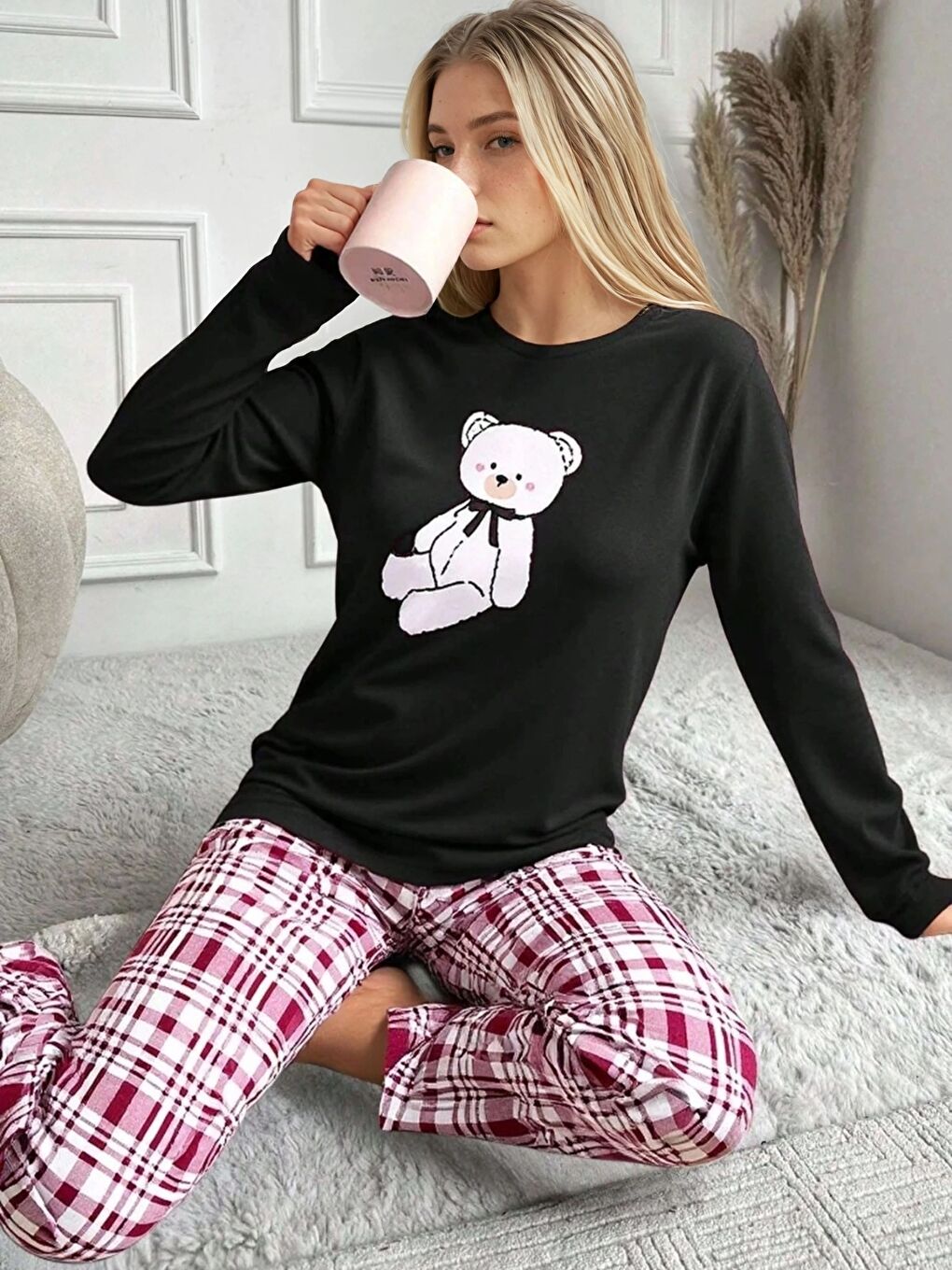 Siyah Ekose Desen Ayıcık Baskılı Uzun Kol Pijama Takımı