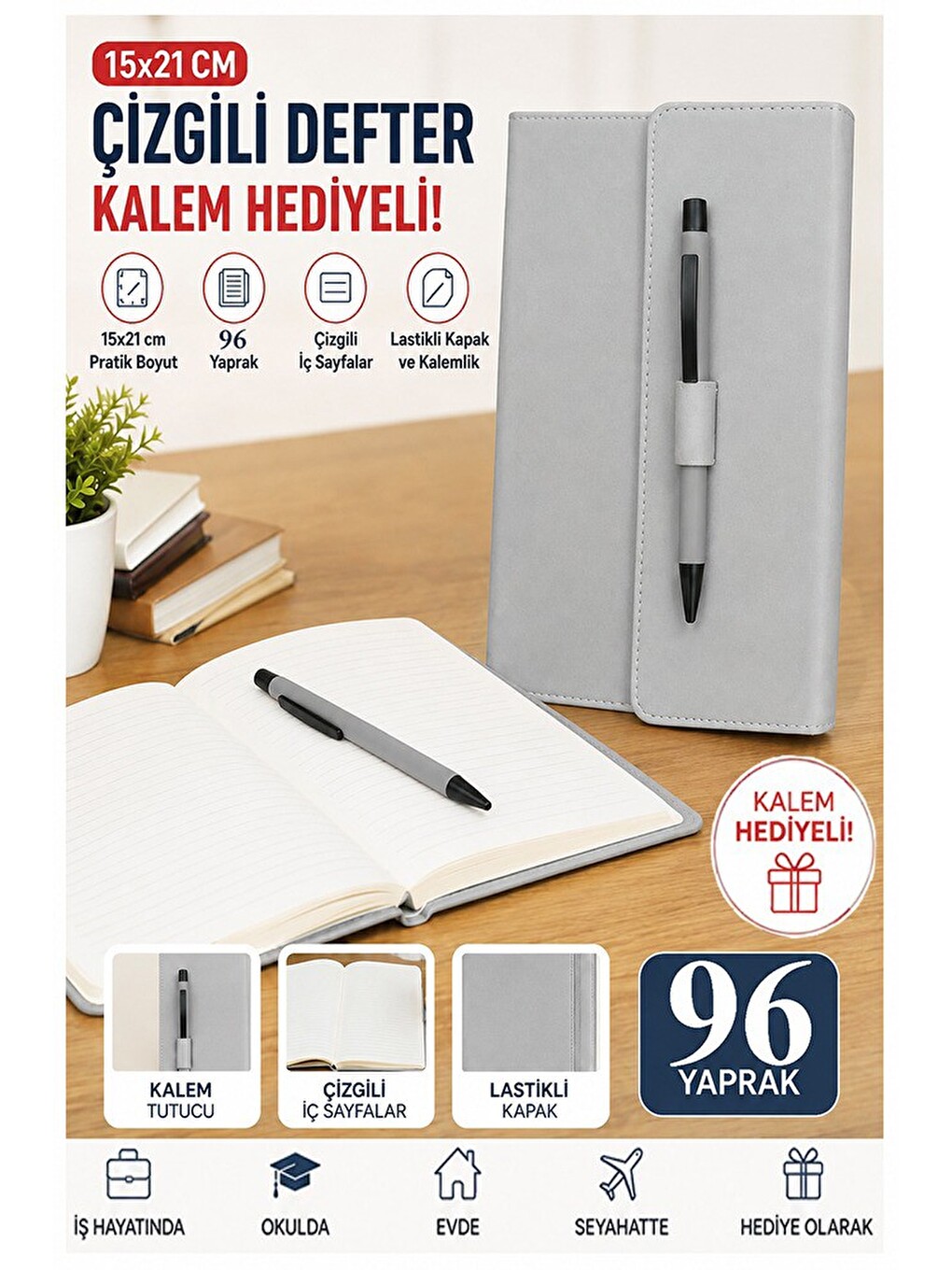 Kaliteli Kapaklı Lastikli Not Defteri A5 15x20cm 1 Adet Lizz Sf3kl Sert Kapak Ciltli 96 Yaprak Çizgi