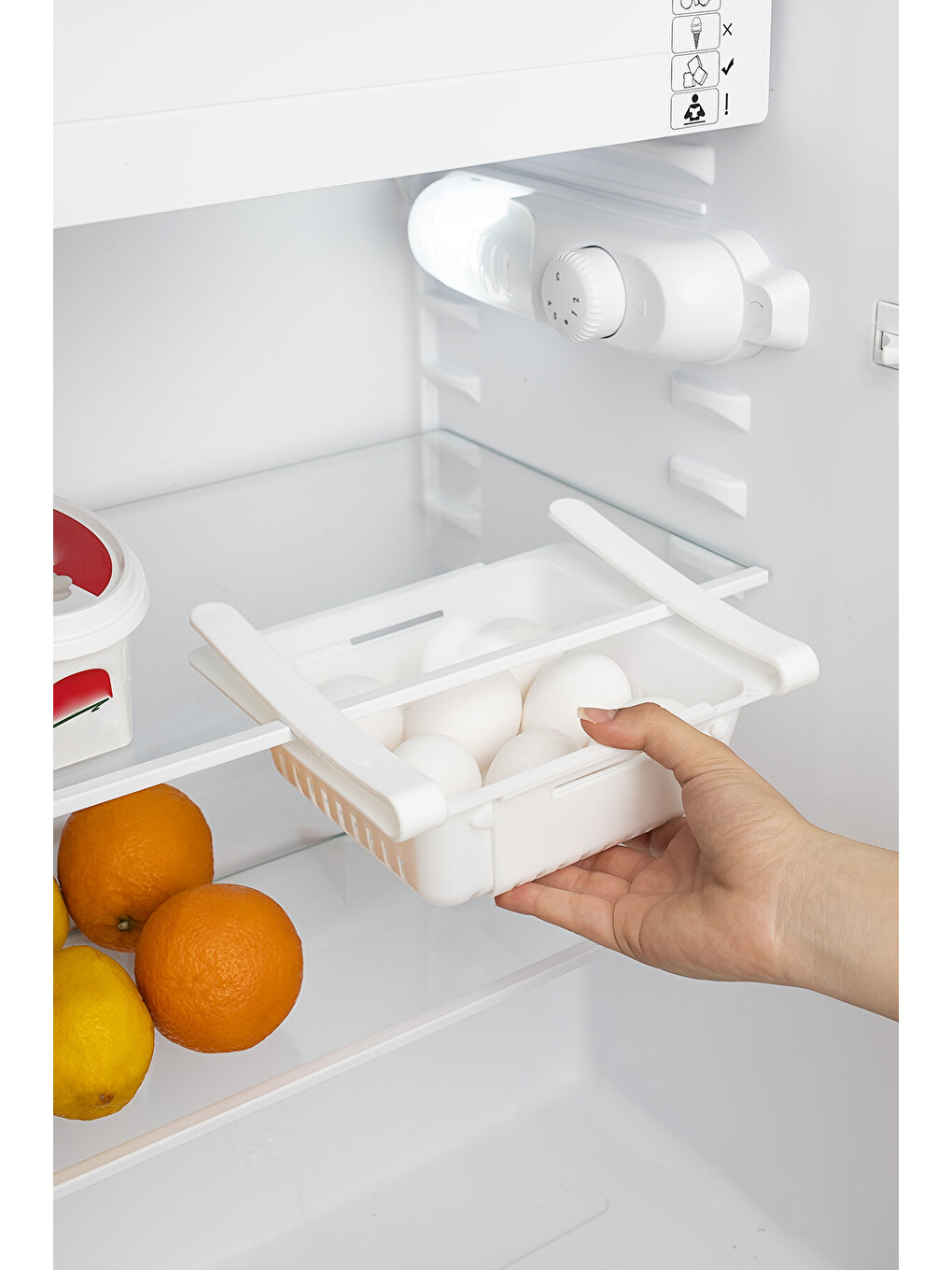 Org-10 Buzdolabı İçi Organizer Askılı Akordion Süzgeçli Ayarlanabilir Raf - Beyaz