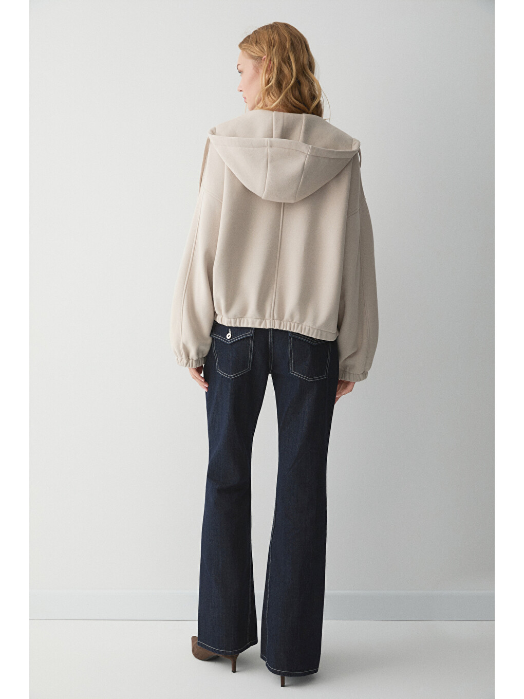 Bej Valıt Kadın Çift Cepli Eteği Ve Kol Ucu Lastikli Fermuarlı Oversize Taş Sweatshirt-4